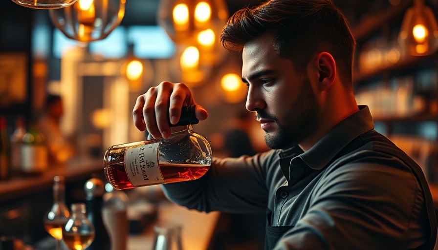 Bartender pouring whiskey in a modern San Francisco bar, warm ambiance.
