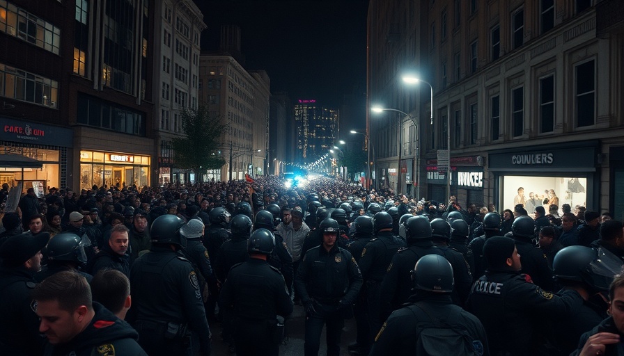 Minneapolis violence surge scene with protestors at night.