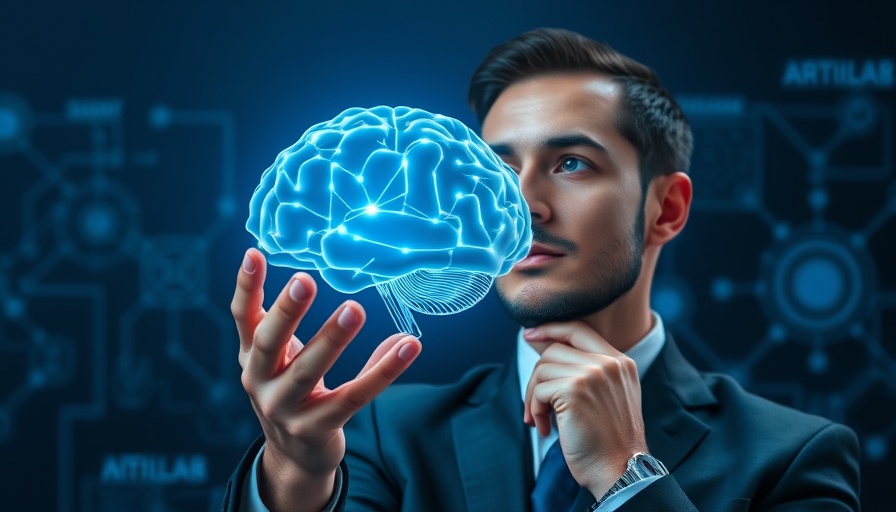 Businessman holding digital brain symbolizing AI technology advancement.