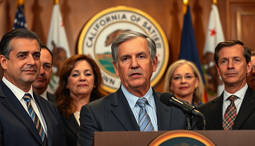 Group at podium with California state seal discussing California Proposition 50.