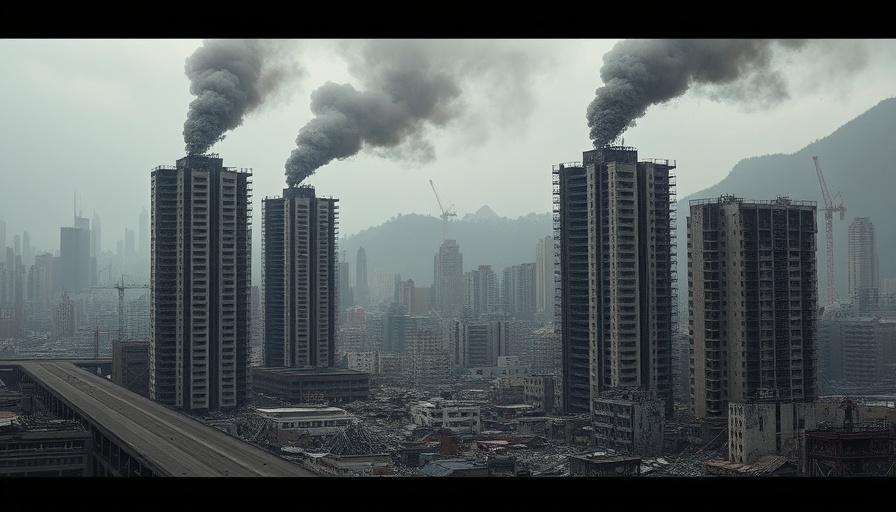 Destruction in city with smoke rising after bombardment.