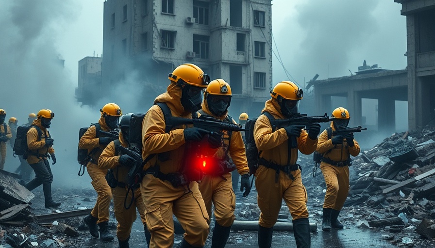 Emergency responders in war zone amidst rubble and smoke.