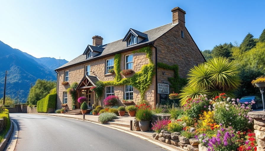 Picturesque boutique hotel near me, stone façade on a scenic road.