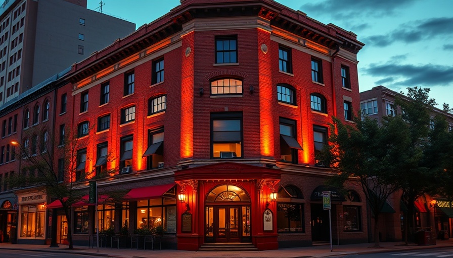 Music City SF historic building illuminated at dusk with red canopy.