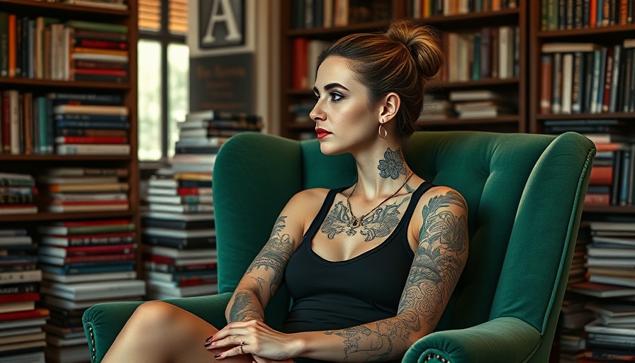 Tattooed woman relaxed in a bookstore armchair, books surrounding.