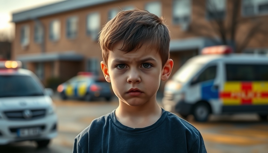 Concerned boy outside school with police presence; Pandemic of Arms theme.