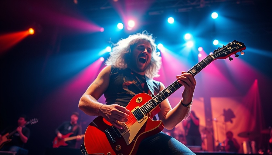 Energetic guitarist at The Offspring concert, vivid stage performance.