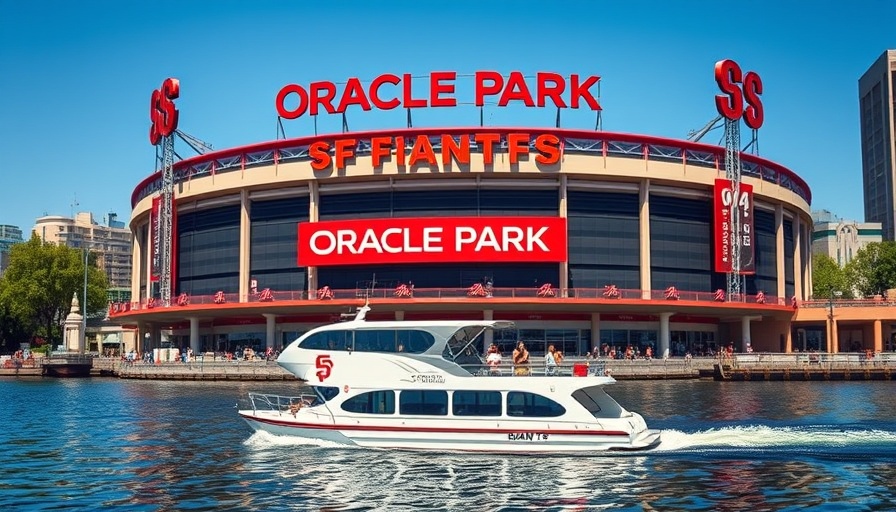 SF Giants fan water taxi in front of Oracle Park under clear sky.
