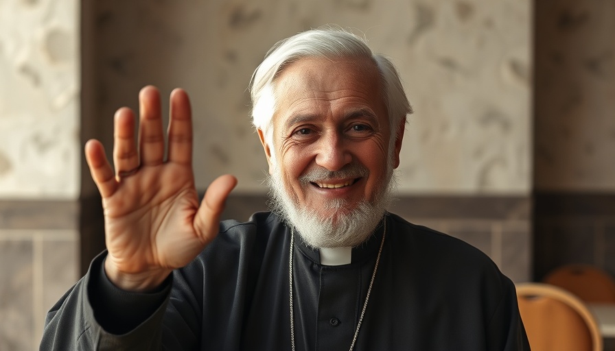 Warmly smiling religious leader in the Catholic Church addressing an audience indoors.