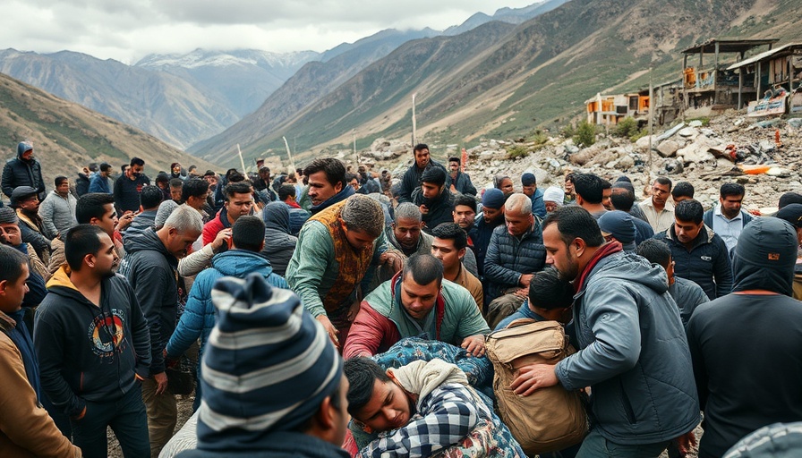 Chaotic relief scene after Afghanistan earthquake with people aiding victims.