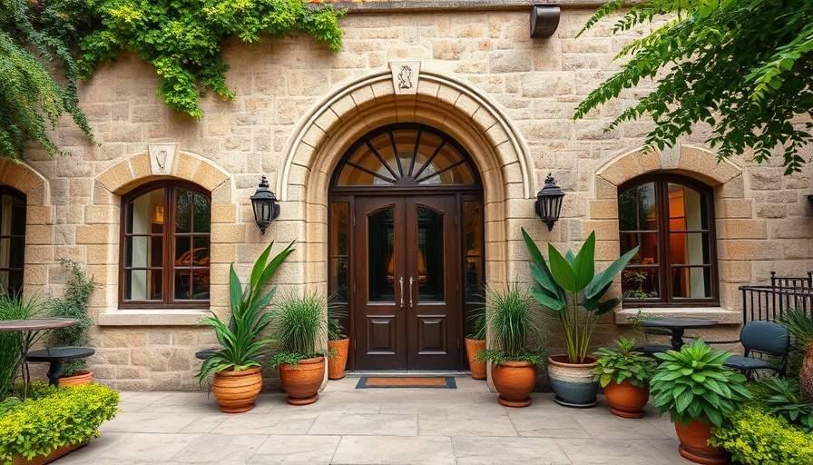 Charming luxury boutique hotel exterior with lush greenery