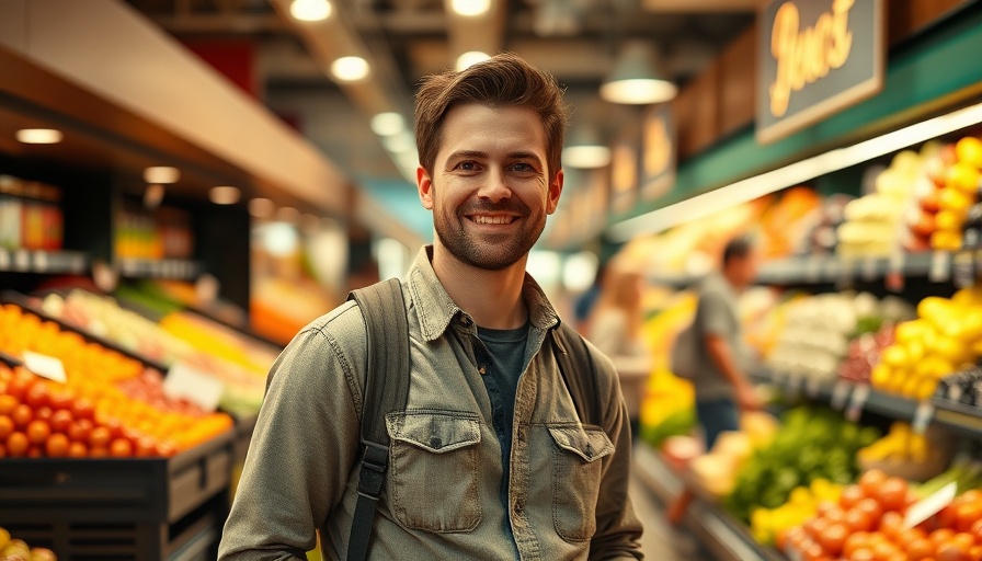 Man in grocery store regarding Whole Foods expansion plans.