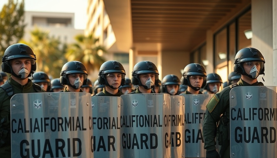 California National Guard troops stand alert under modern building.