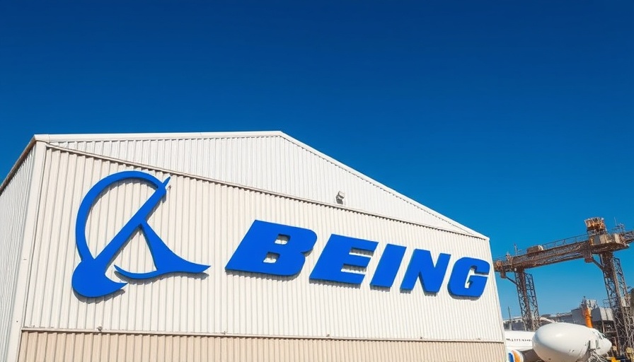 Boeing logo on building under blue sky, industrial setting.