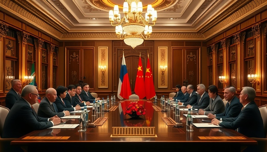 Diplomatic meeting with Russian and Chinese flags in opulent room.