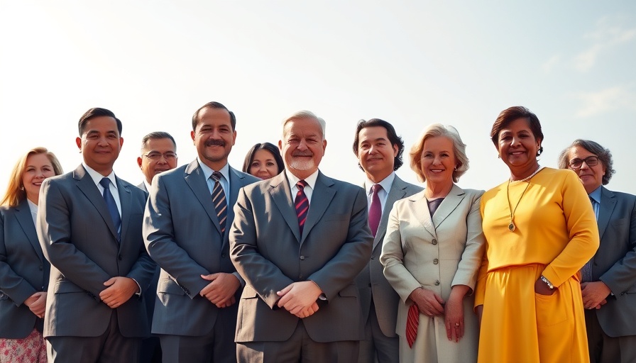 Officials standing for a group photo, clear sky, soft sunlight.
