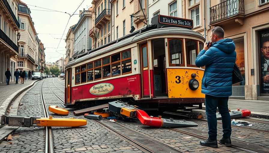 Lisbon Funicular Crash scene with investigator photographing wreckage.
