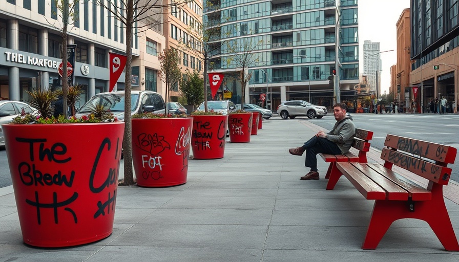 Tagged planters and benches on San Francisco street highlighting public space removal issues.