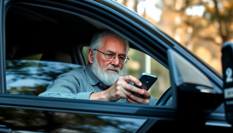 Senior individual in car with phone and reflective windows, blurred greenery background.