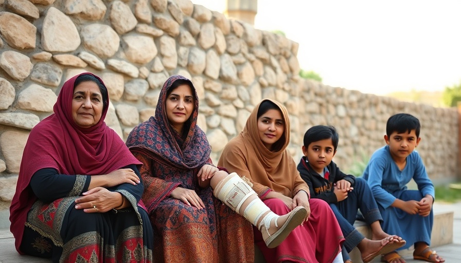Afghan family sitting outside, woman with leg cast, depicting challenges after earthquake.