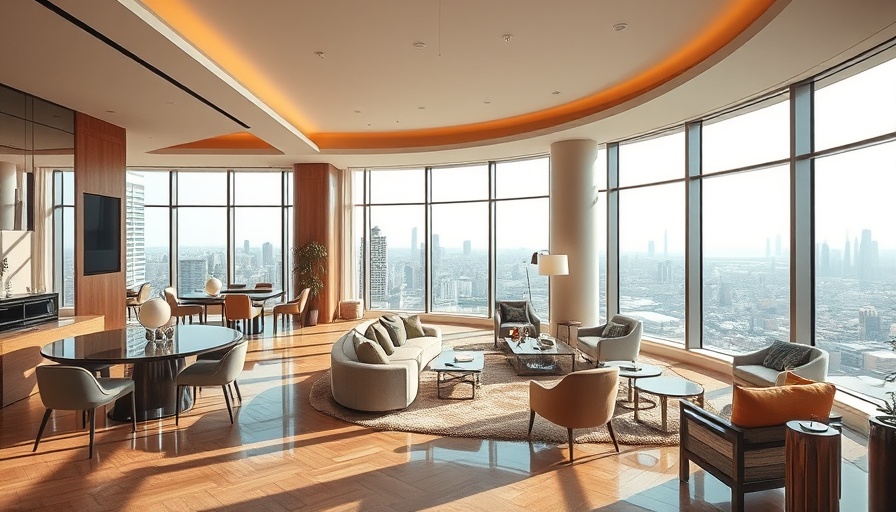 Luxury hotel suite with elegant decor, offering a cityscape view.