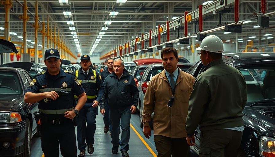 Immigration raid at Hyundai plant, enforcement presence amid factory setting.