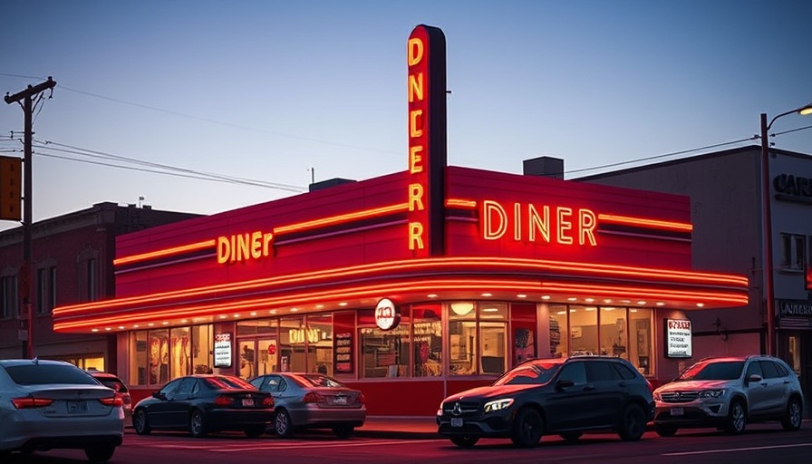Mel's Drive-In styled diner with neon lights and classic cars at sunset, emblematic of potential expansion outside California.