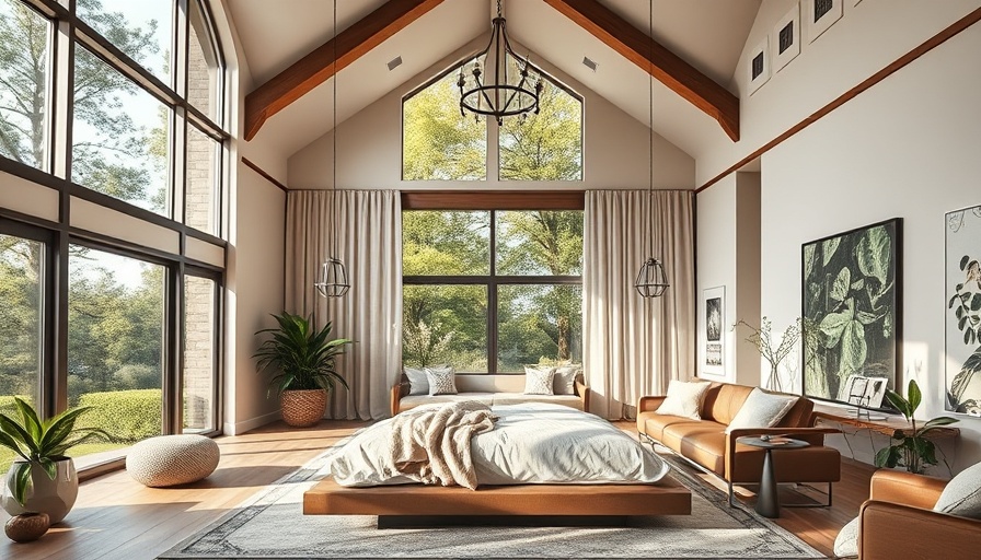 Elegant contemporary bedroom with large windows in Bay Area staging