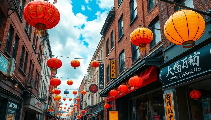 Urban street in Chinatown featuring colorful lanterns and shop signs.