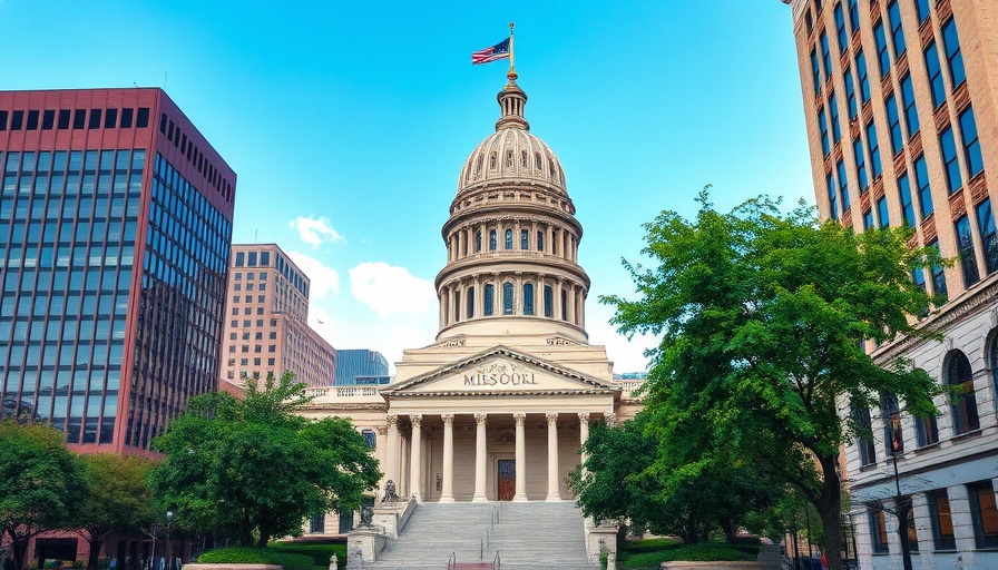 Missouri State Capitol in urban setting, photorealistic image.