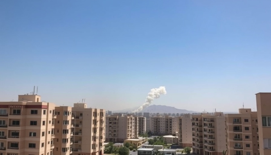 Urban cityscape in Qatar with smoke in the distance.
