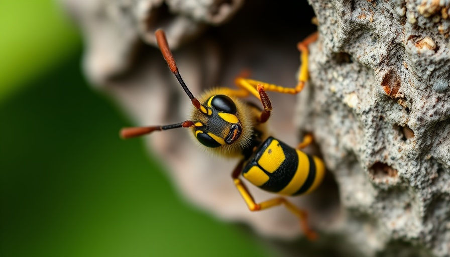 Close-up of yellowjacket wasp on nest against green background, Marin Sonoma.