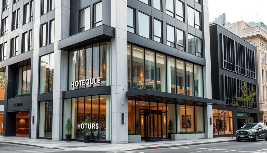Luxury boutique hotel with modern design and large windows.