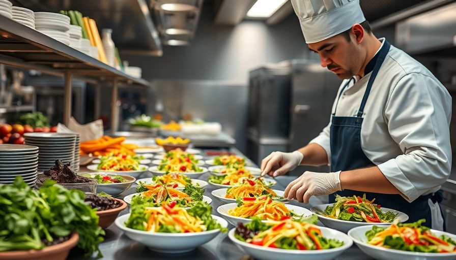 Chef prepares gourmet salads in San Francisco kitchen, vibrant setting.