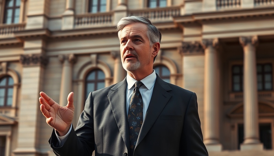 Middle-aged man in suit discussing Trump and Kennedy vaccine disputes, historical building backdrop.