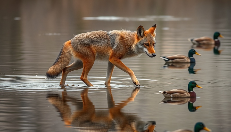 Coyote wading in water near ducks in a serene setting.
