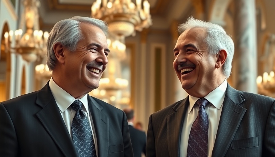 Two men in suits laughing indoors, elegant hall background.