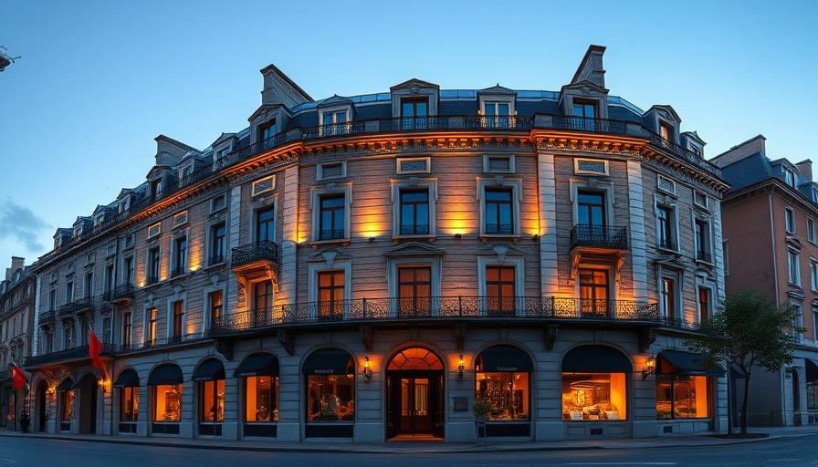 Facade of a boutique hotel near me at dusk, beautifully lit.
