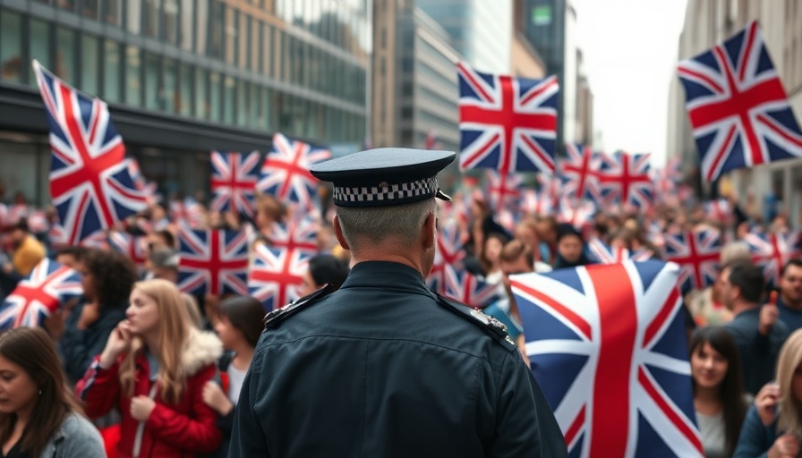 Tommy Robinson Unite the Kingdom rally with police and flags.