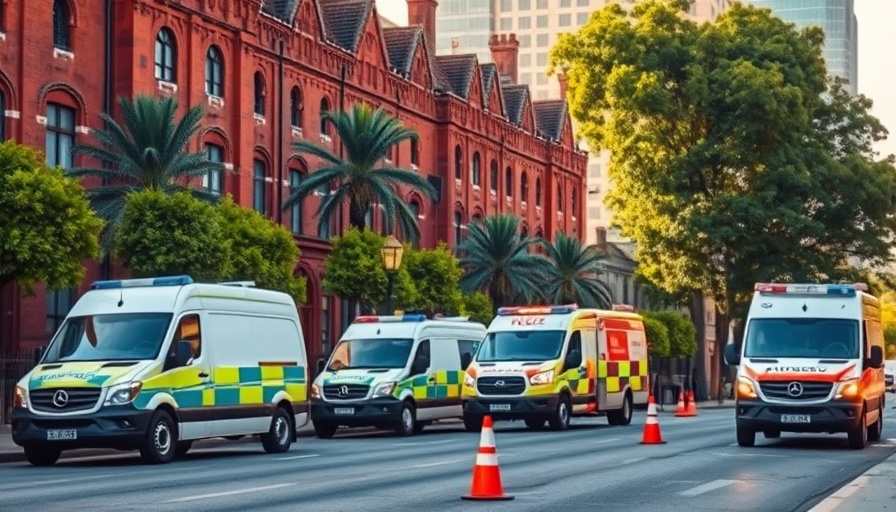 Emergency vehicles in front of traditional buildings in Arab Ministers Response to Israeli Attack