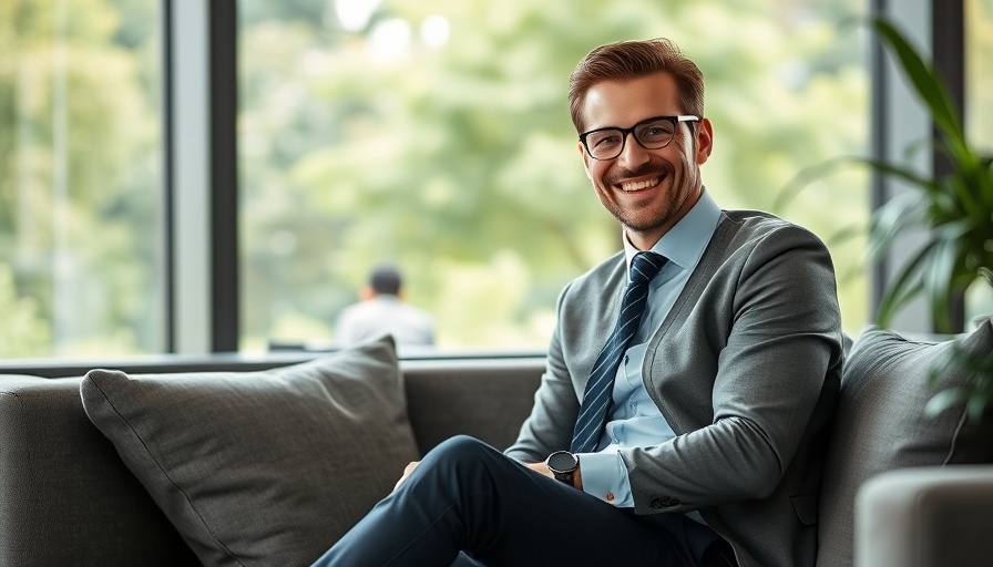Professional businessman seated on a couch, smiling in a modern office.