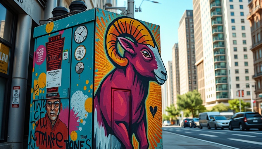 Colorful street art of a ram on a San Francisco utility box.