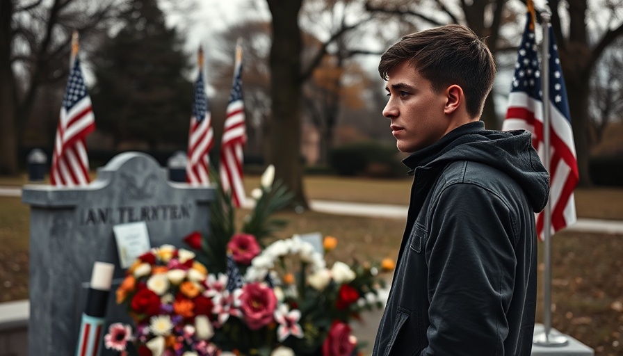 Solemn man beside a memorial with flowers and flags, highlighting renewed empathy.