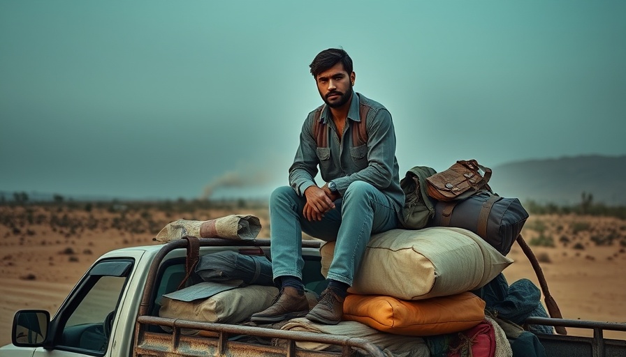 Man sitting on truck amidst scattered belongings, smoke in background.