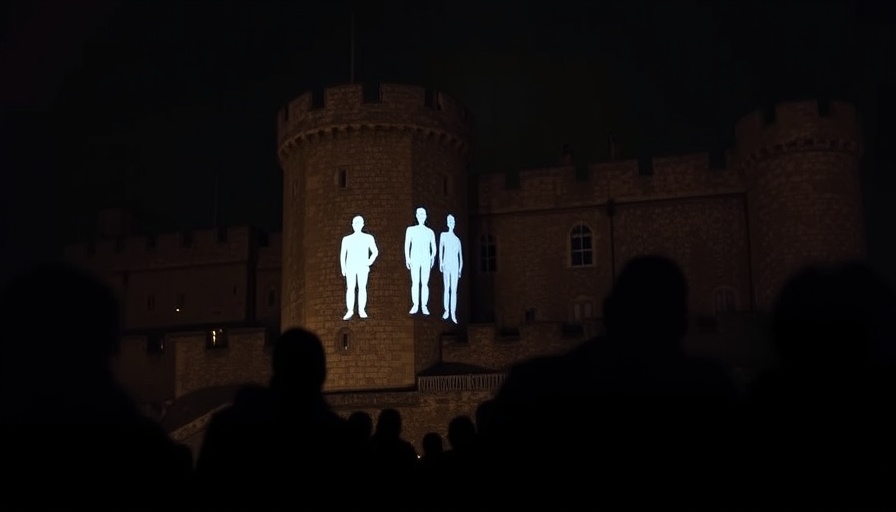 Windsor Castle projection of figures at night with observers.