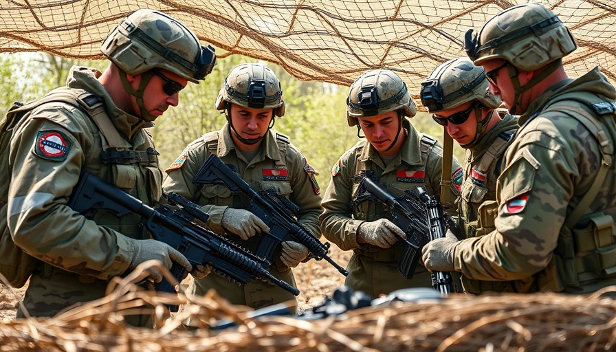Military officers inspect weapons under camouflage net, outdoors, Russian surveillance planes Baltic Sea.