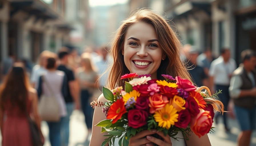 Sarah Ferguson smiling with flowers outdoors, candid moment.