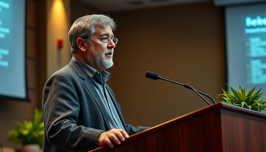 Speaker at podium during event, Resources Legacy Fund presentation.