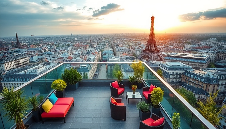 Rooftop terrace at Pullman Paris Montparnasse, featuring Eiffel Tower view.