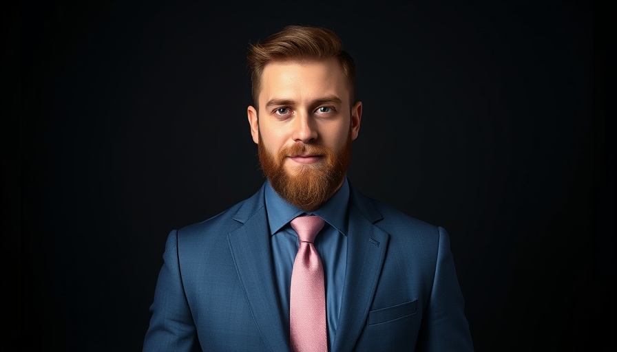 Man in blue suit and pink tie, confident expression, dark background.
